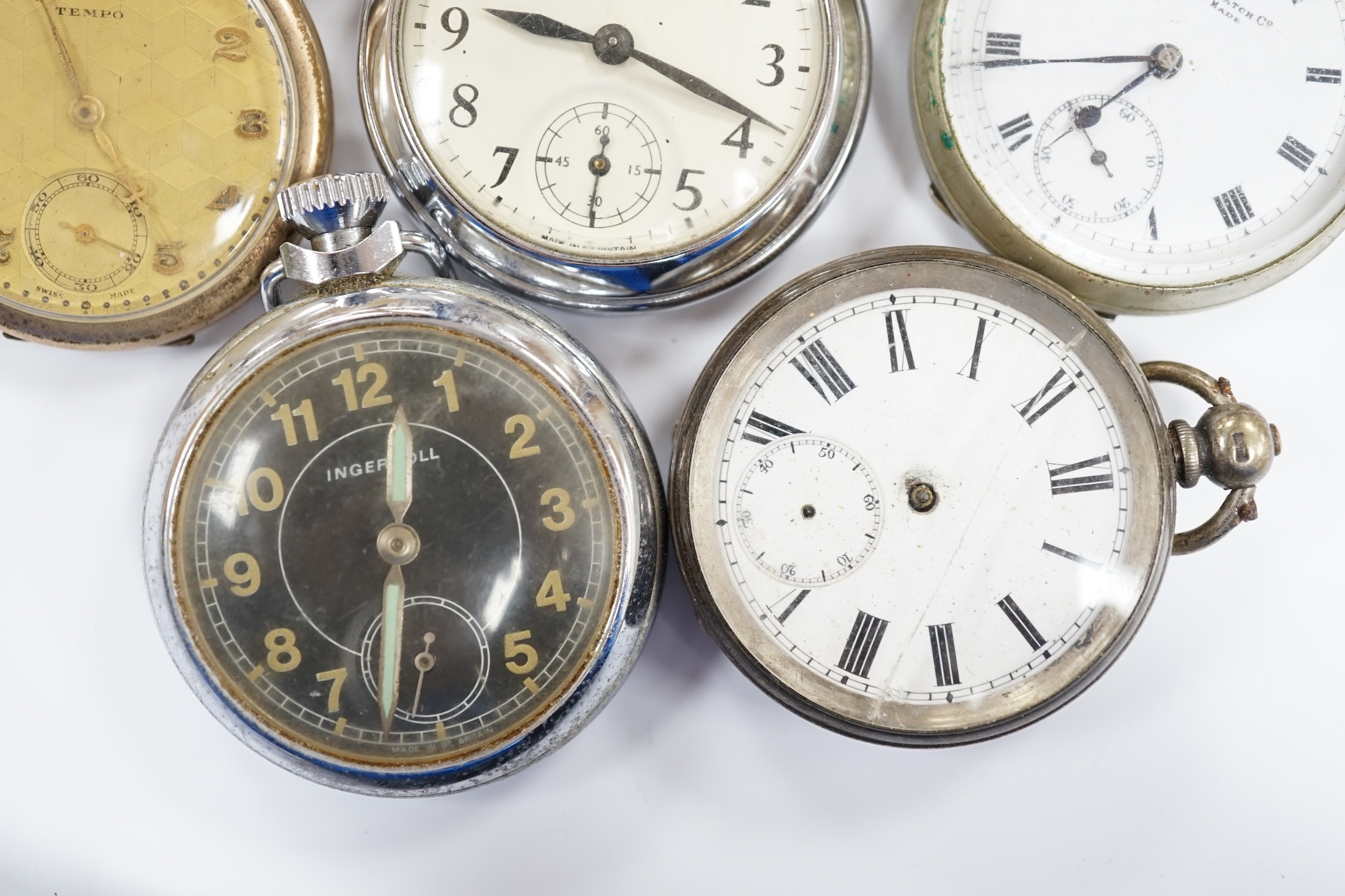 Six assorted pocket watches including silver 'The Veracity Lever' (a.f.)